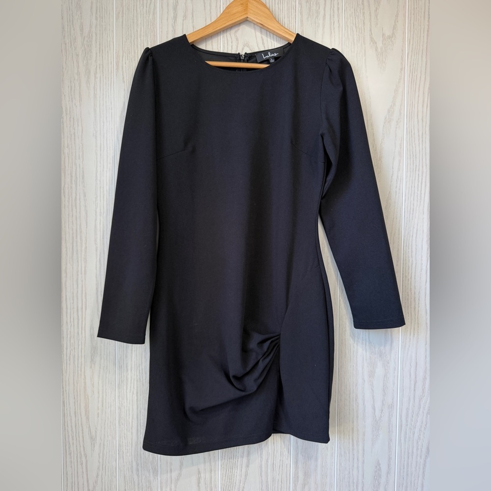 Lulus Black Long-Sleeve Draped Front Mini Dress Size L LNC